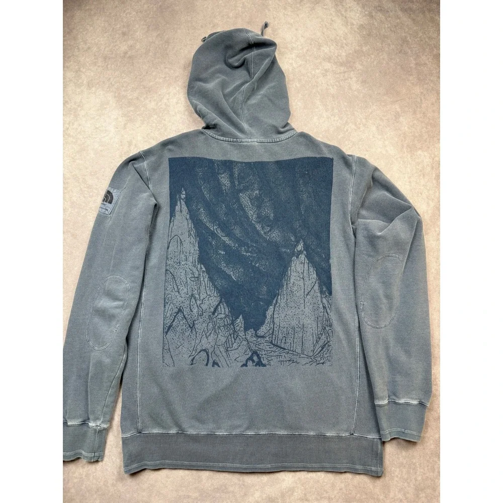 The North Face Mens L Full Zip Hoodie Blue Mountain Graphic Logo Sweatshirt Fade